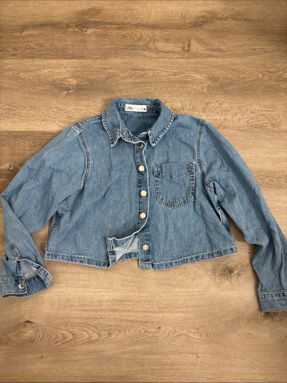 Zara Light Blue Cropped Denim Top with Chest Pocket - Sz S